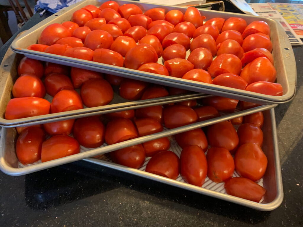 cut tomatoes on a tray